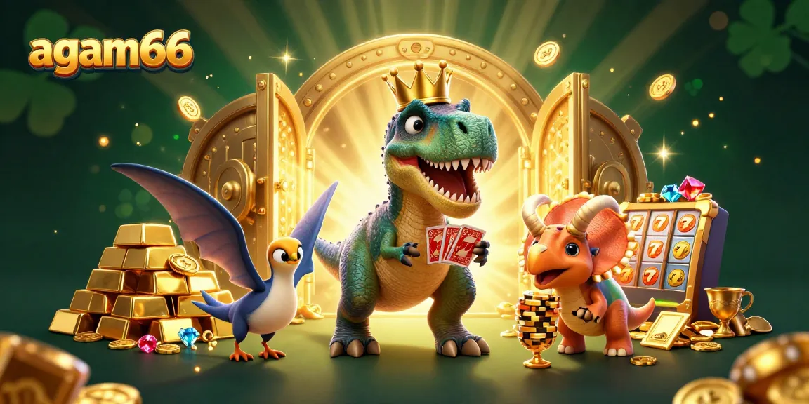 Experience the thrill of slot gaming with agam66 featuring a playful T-Rex and a triceratops amidst sparkling treasures.