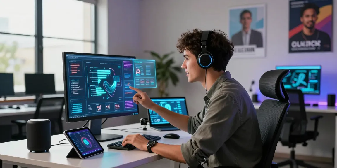 Young developer collaborating with AI gf in a modern tech workspace.