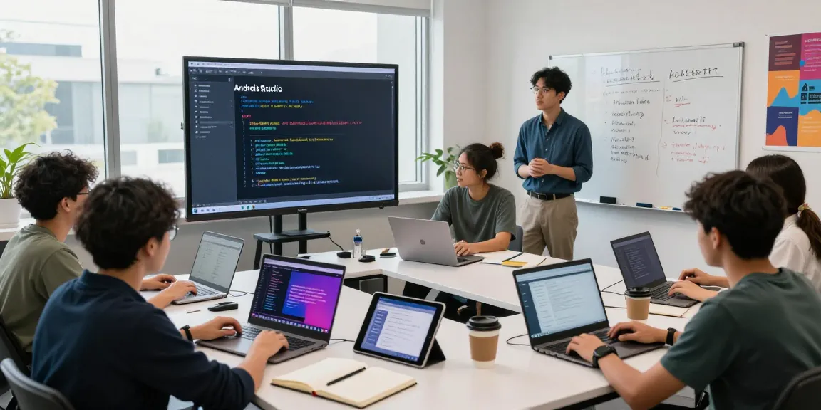 Students engaged in an Android development course with Kotlin, coding together in a collaborative learning environment.