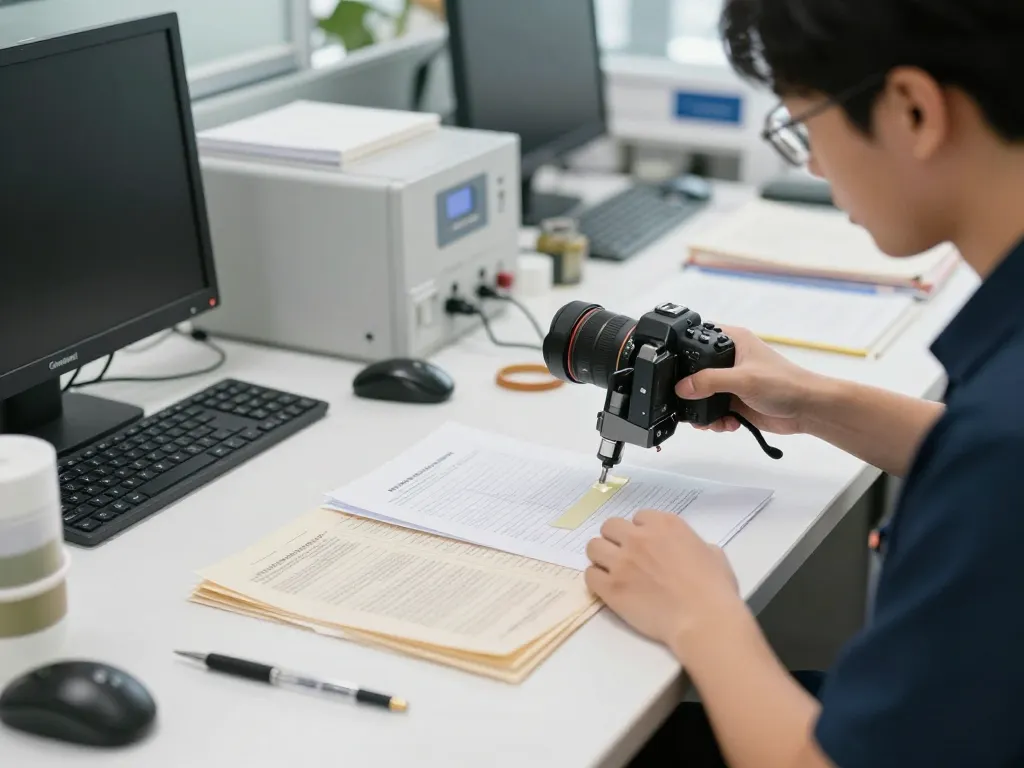 Bóc giấy ép plastic tại hà nội with a technician safely removing plastic layers from important documents in a bright, modern office setting.