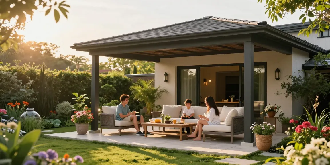 Freistehende Terrassenüberdachung im Garten, die mit der Familie den Sonnenschein genießt.