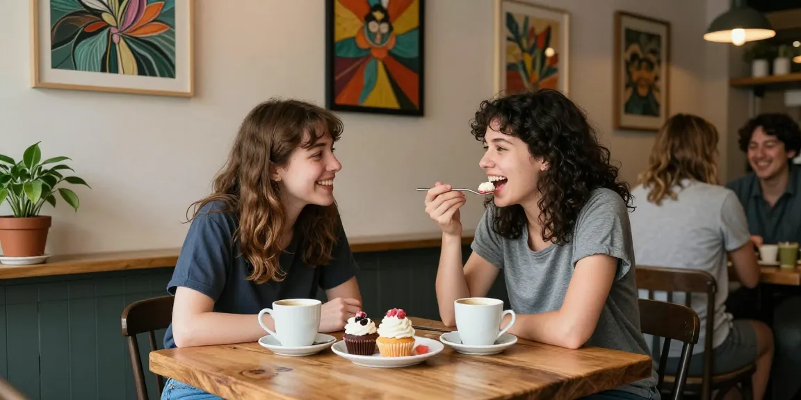 Two friends having a crush on each other while enjoying dessert at a cozy café.