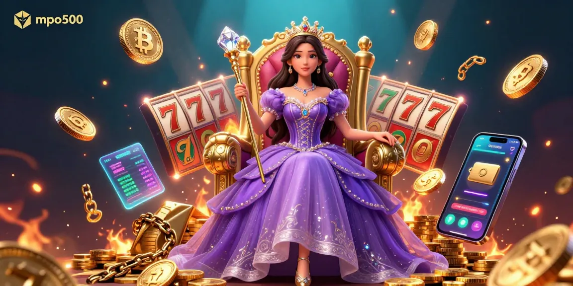 Engage with mpo500's thrilling slot experience featuring a regal princess embracing wealth in a vibrant casino scene.
