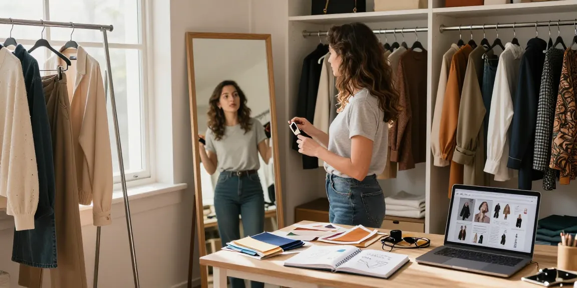 Ragazza nella sua camera mentre crea il suo guardaroba capsula con outfit alla moda.