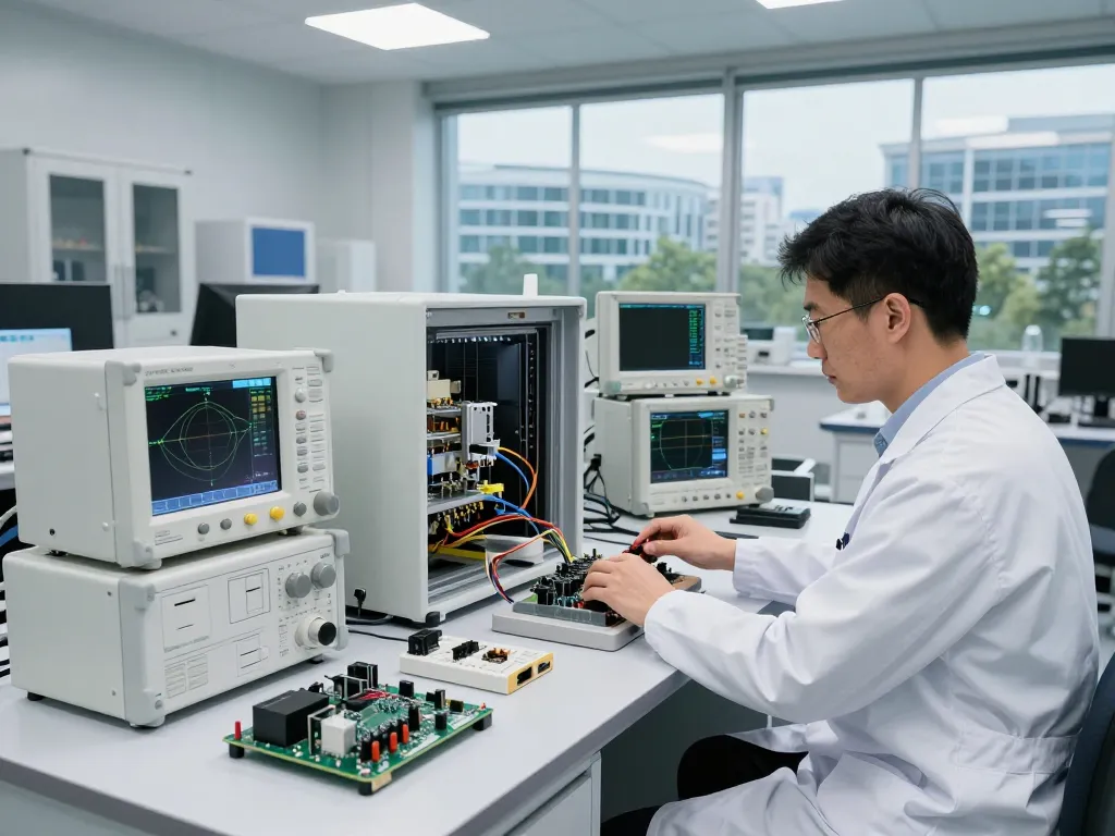 EMC Testing in a state-of-the-art laboratory with an engineer using advanced measuring equipment.