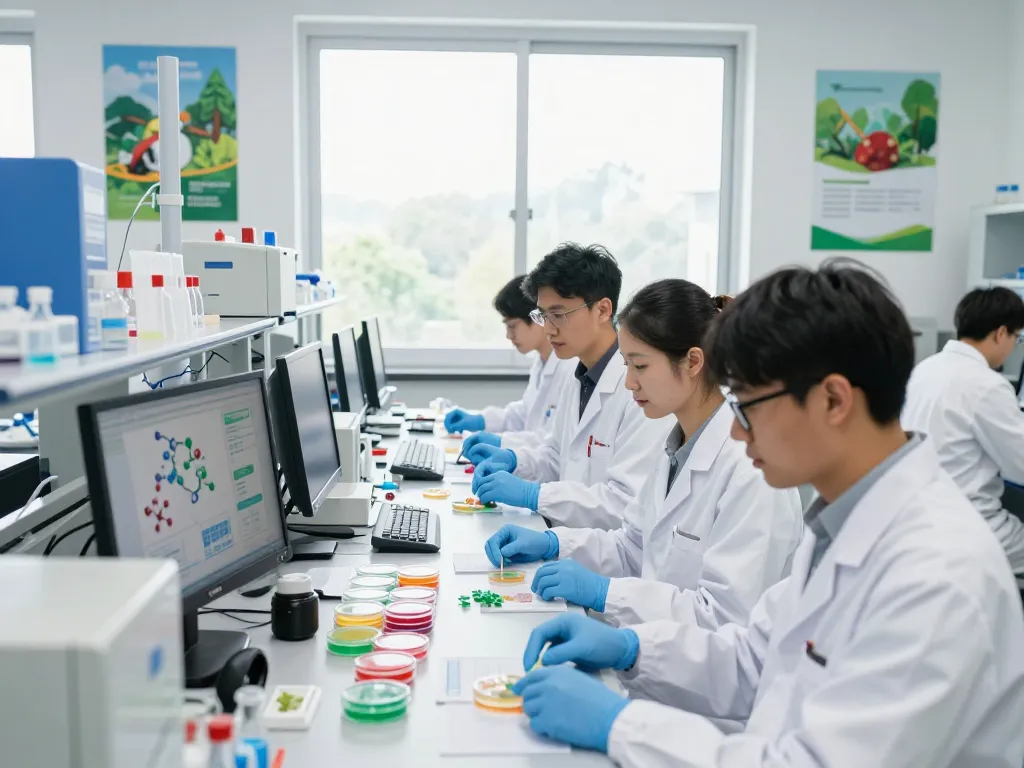 Researchers at www.bluepha.bio analyze innovative biopolymers in a high-tech laboratory, showcasing sustainability and teamwork.