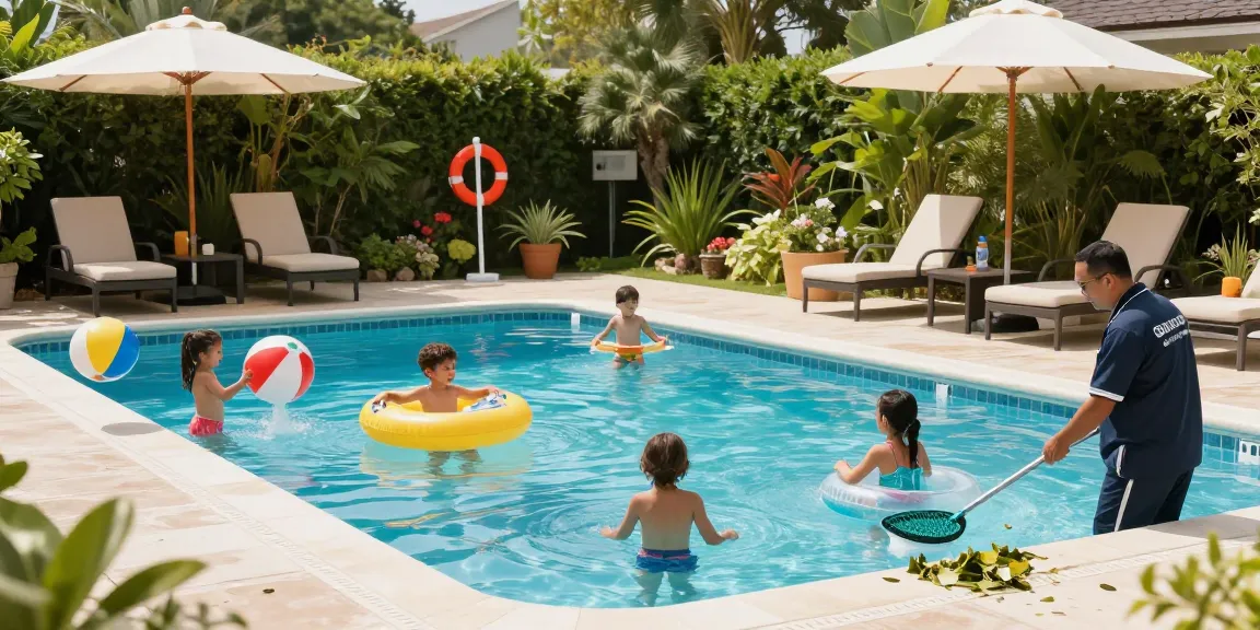 održavanje bazena scene with family enjoying a clean and safe pool area while a technician performs maintenance.