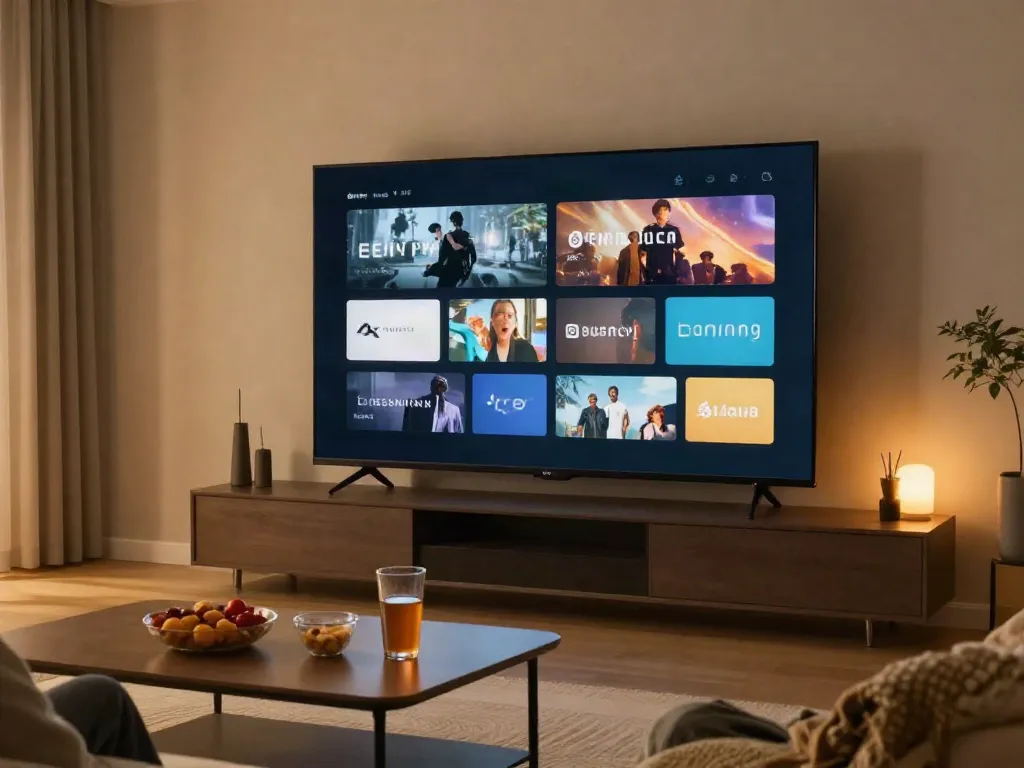 ZoeChip streaming experience with cozy living room setup, large screen, snacks, and ambient lighting