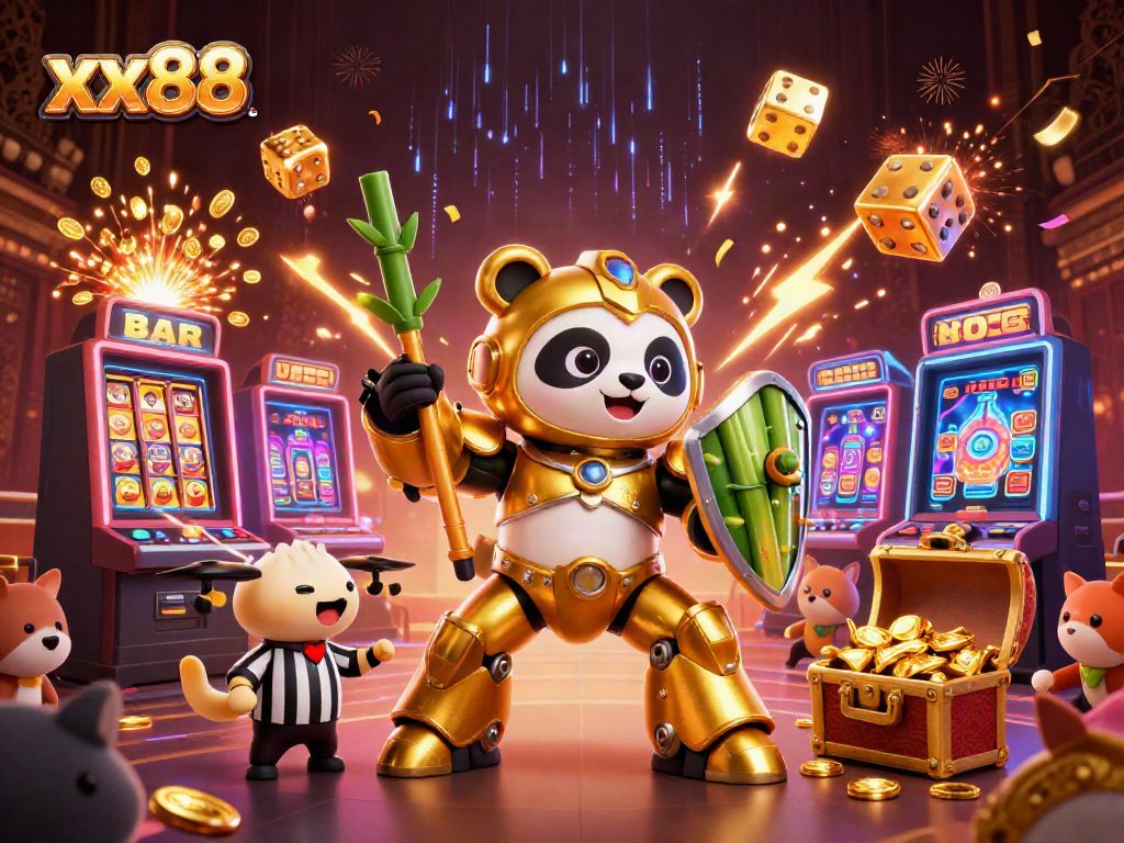 Experience the excitement at xx88 with a lively 3D casino scene featuring a golden panda and slot machines.