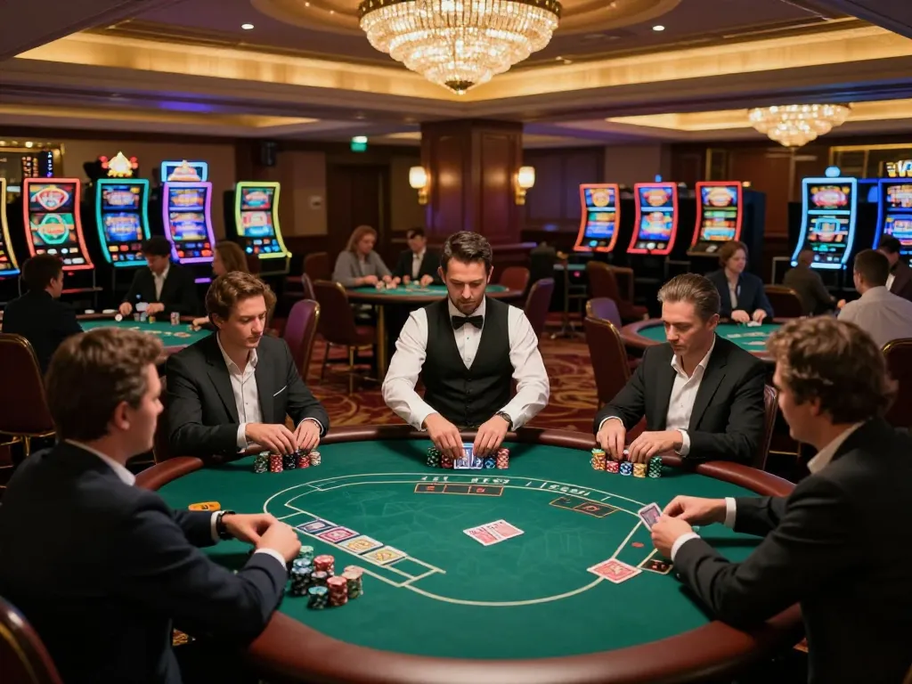 Sunwin players enjoy various casino games on the lively gambling floor during a strategic poker night.