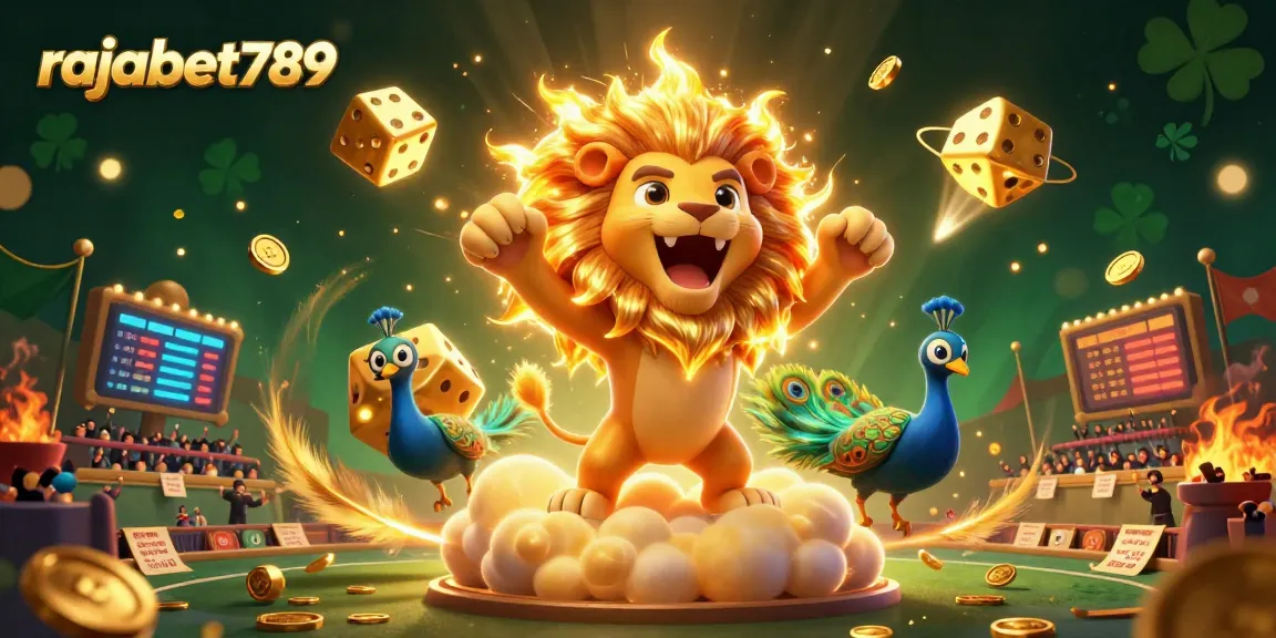 Gambar khas rajabet789 menang dengan dadu emas dan lion berani dalam arena taruhan.