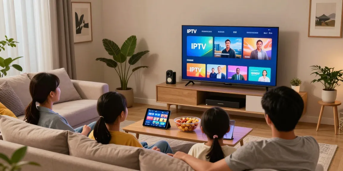 Abonnement IPTV convivial avec une famille profitant d'une soirée cinéma à la maison.