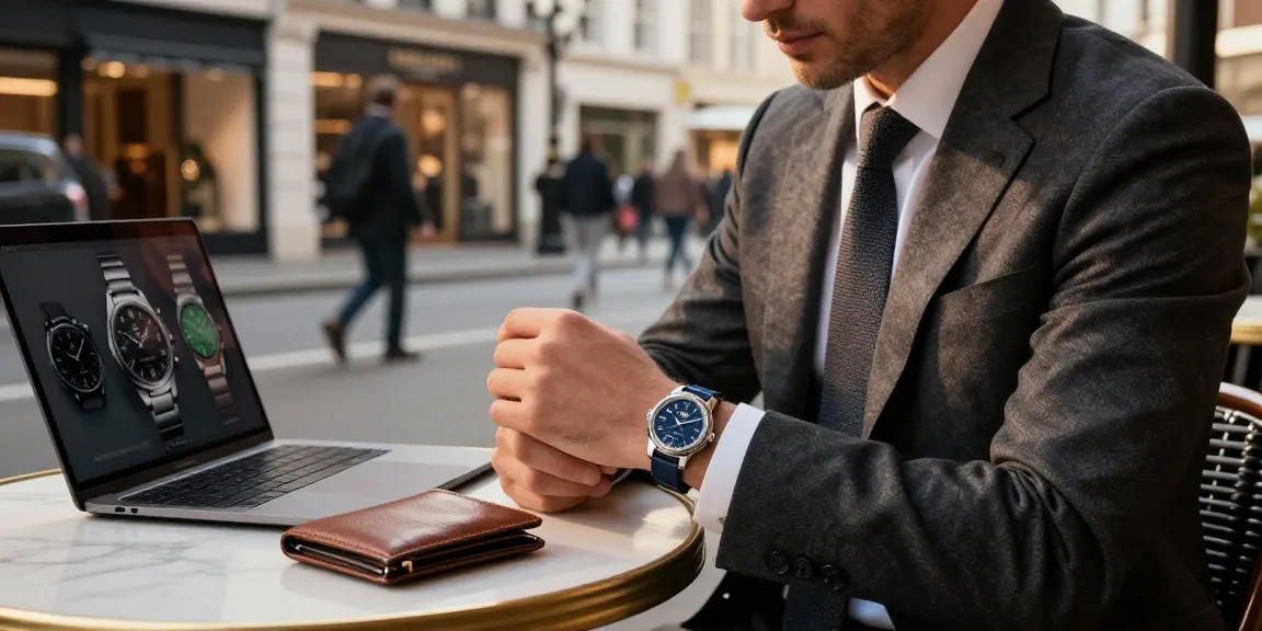 Elegant scene of a man appreciating replica watches at a café, showcasing luxury style and sophistication.