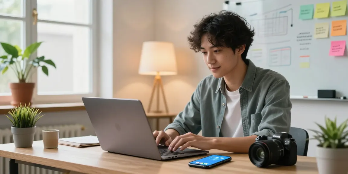 Engaging young professional connecting with friends on 纸飞机中文版 in stylish home office setting.