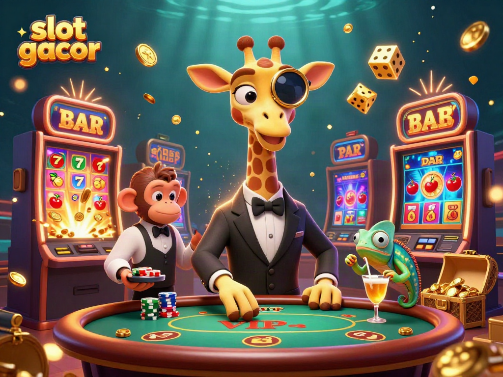 Experience the excitement of slot gacor with a high-roller giraffe at a VIP poker table amidst a jackpot explosion.