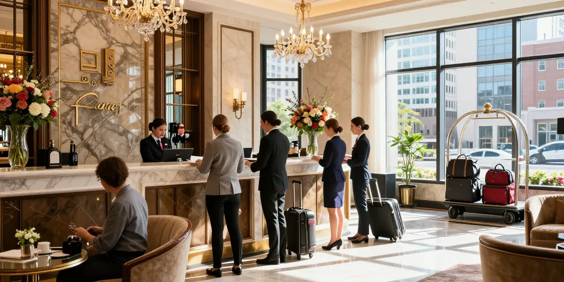 Luxurious Carter Hotel lobby with guests and staff, showcasing rokok88 hospitality experience.
