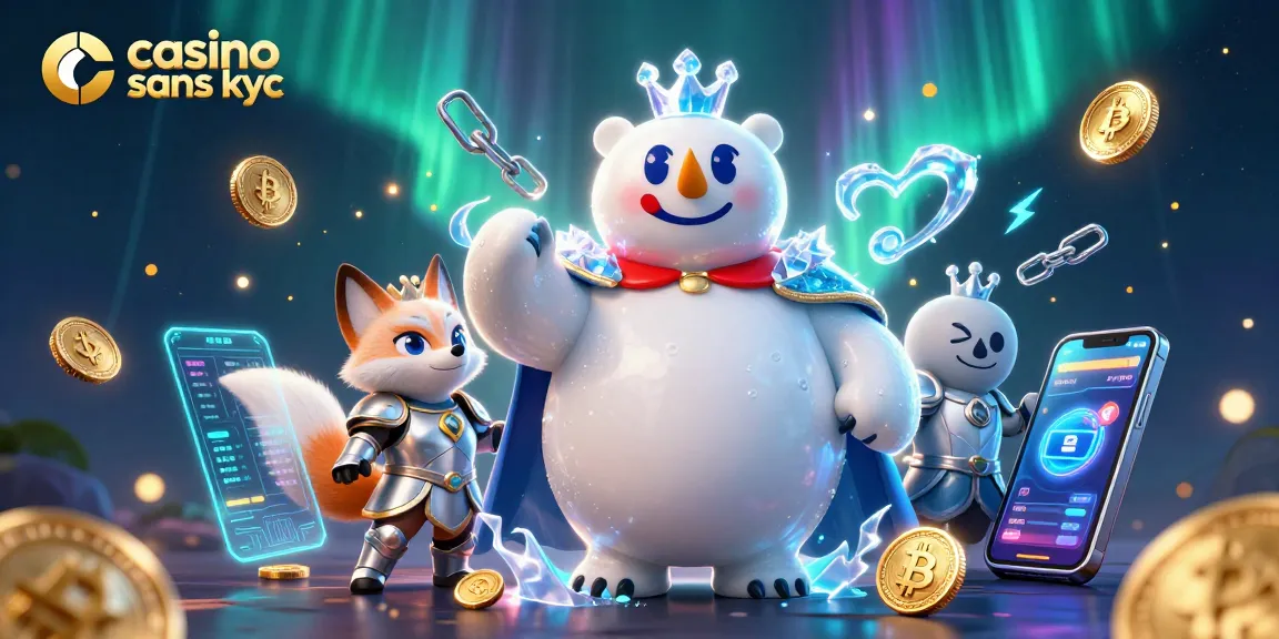 Découvrez le casino sans KYC avec un ours polaire royal et un renard en armure, entouré d'éléments de jeu animés