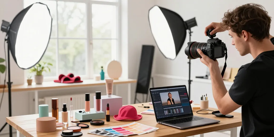 Fotografo di Prodotti professionnel photographiant des produits cosmétiques et de mode dans un studio lumineux.