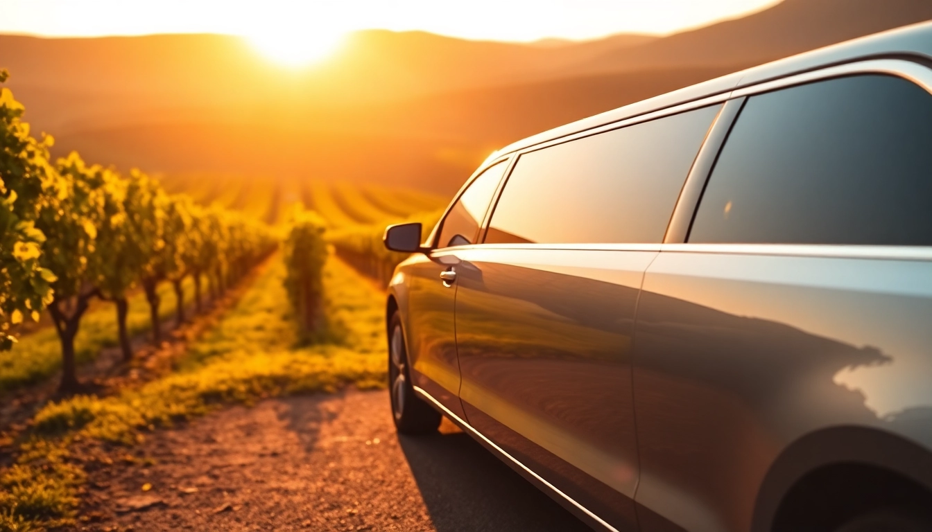 Enjoy a winery tour limousine amidst beautiful vineyards under a golden sunset.