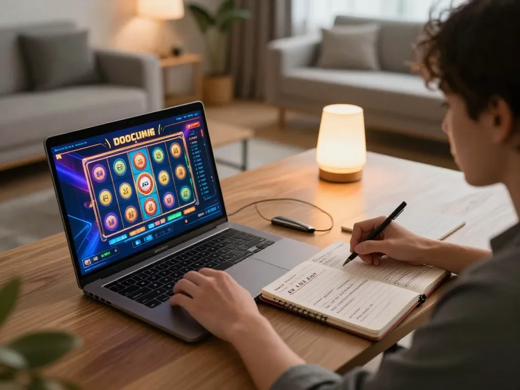Engaging in BK8 online gaming with a laptop in a cozy living room setting, capturing strategic gameplay.