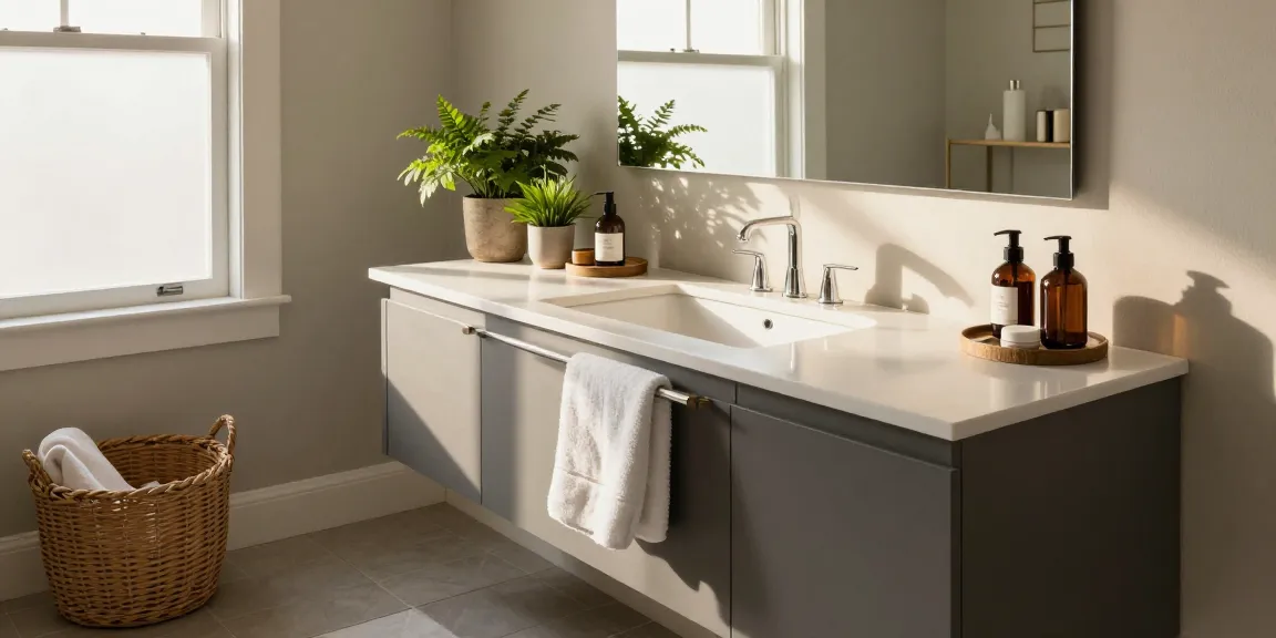 Stylish bathroom vanity with modern elements and decor, bright inviting atmosphere.