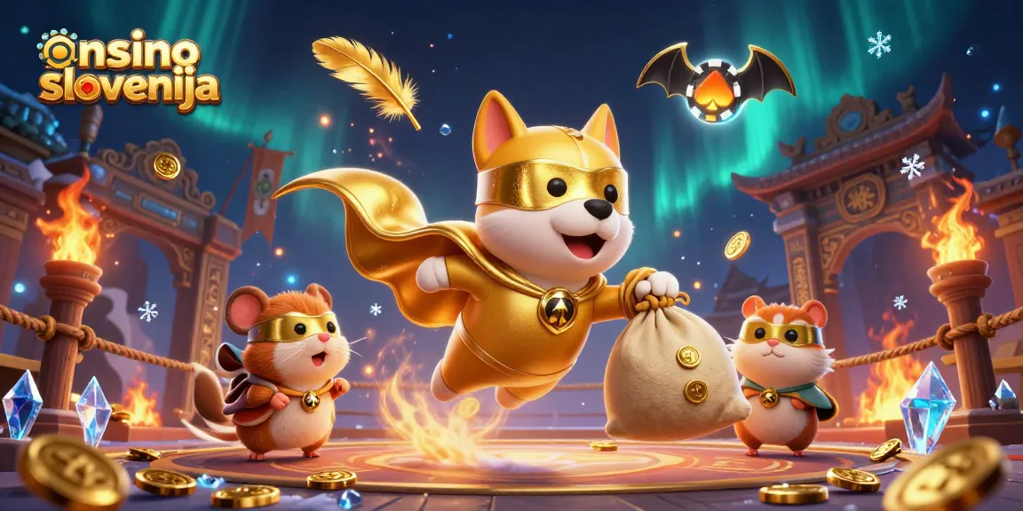 Igre online casino Slovenija s superjunakom in stavo z zlatimi kovanci.