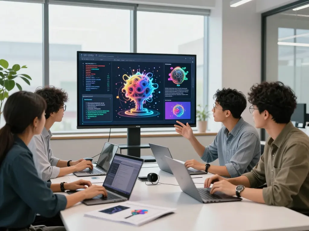 Team collaborating in a modern workspace using image to prompt ai for innovative AI prompts.