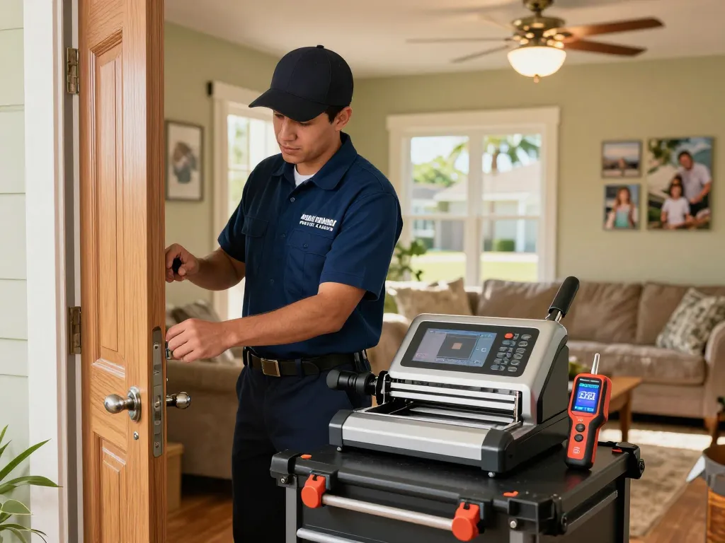 Locksmith Port St. Lucie FL technician assessing lock, showcasing expertise and quality service.