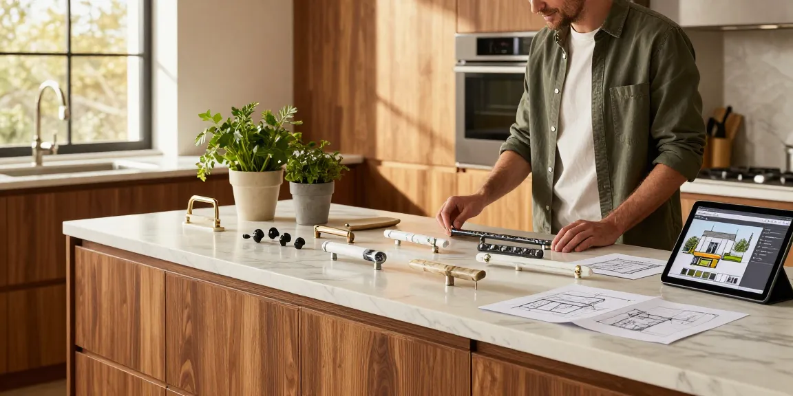 Stylish kitchen exploring luxury handles with designer examining elegant cabinetry accents.