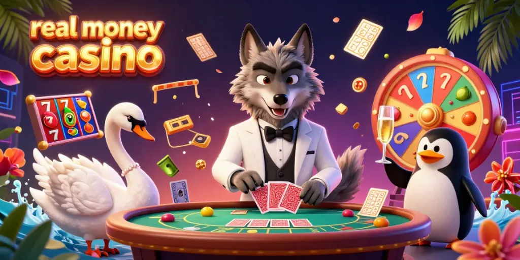 Experience exhilarating gameplay at a real money casino with dynamic characters enjoying baccarat amidst vibrant game elements.