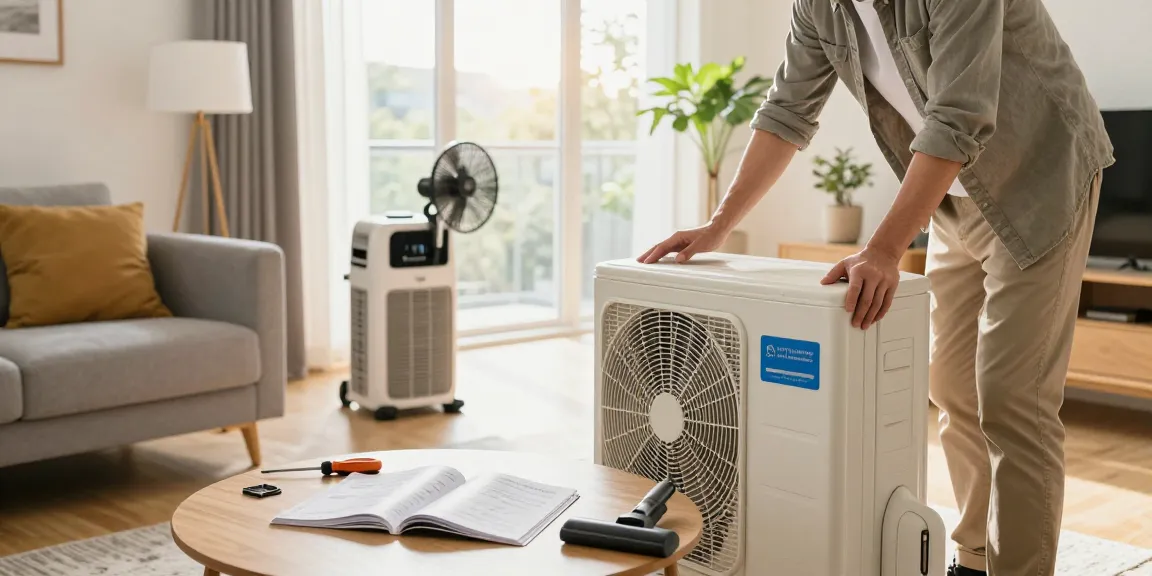 Homeowner checking AC unit in sunny living room for AC Service Near Me.