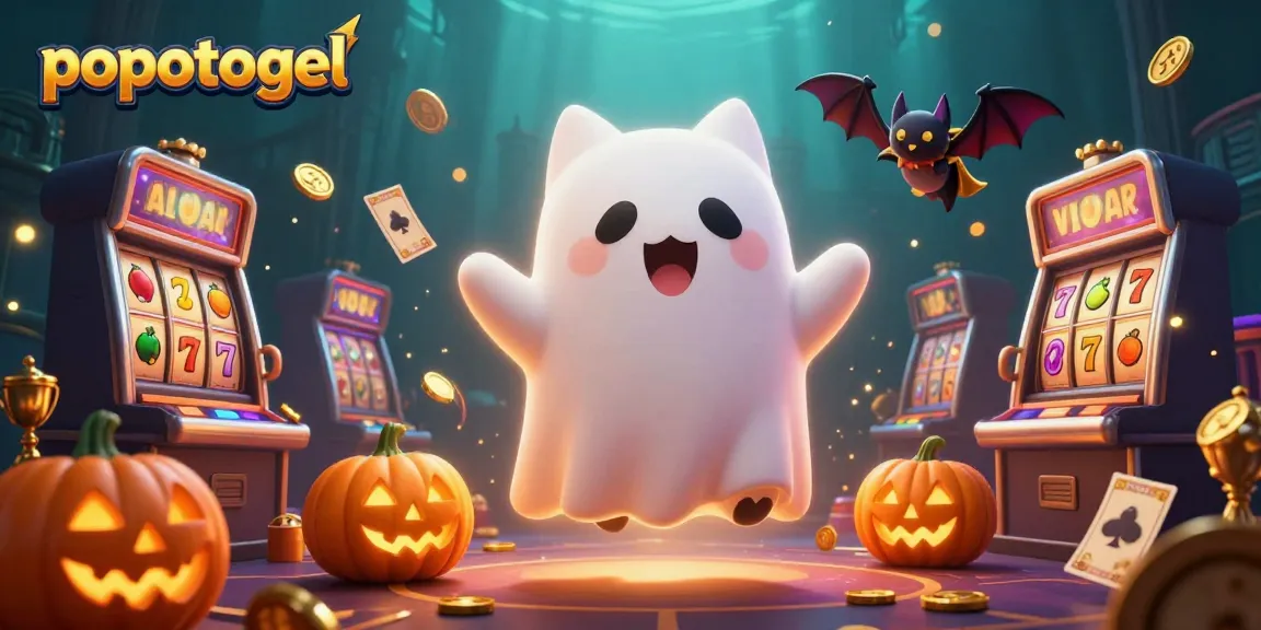Win big with popotogel in a lively haunted casino scene featuring vibrant gaming elements.