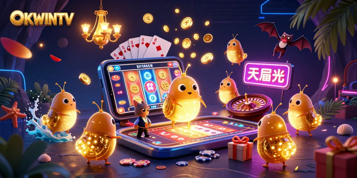 Bet and win with OKWINTV's dazzling glowworm casino scene featuring slot games, poker, and roulette.