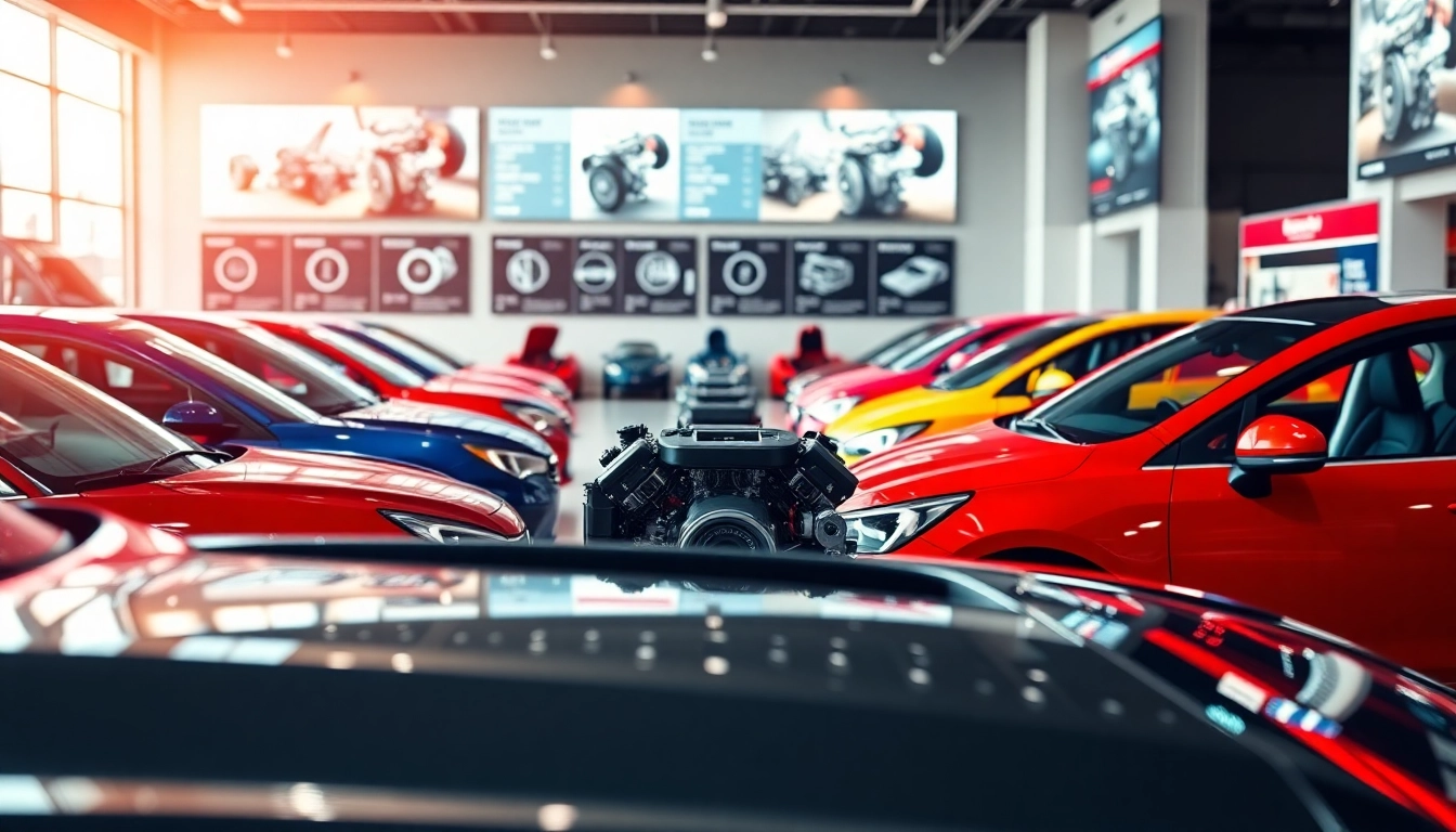 Showcase of used engines in a vibrant automotive showroom, emphasizing variety and detail.