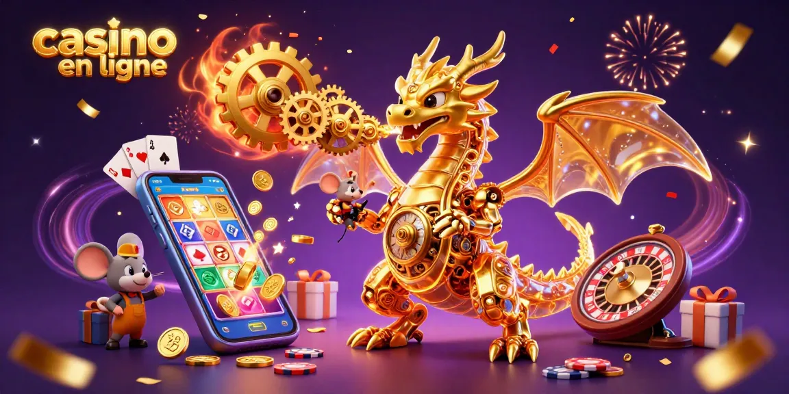 Un dragon d'or biomechanique inspiré par un casino en ligne, avec jeux de cartes et pièces autour.