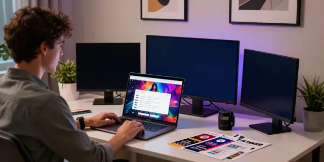 Engaging workspace with AI porn deals displayed on a laptop during evening.