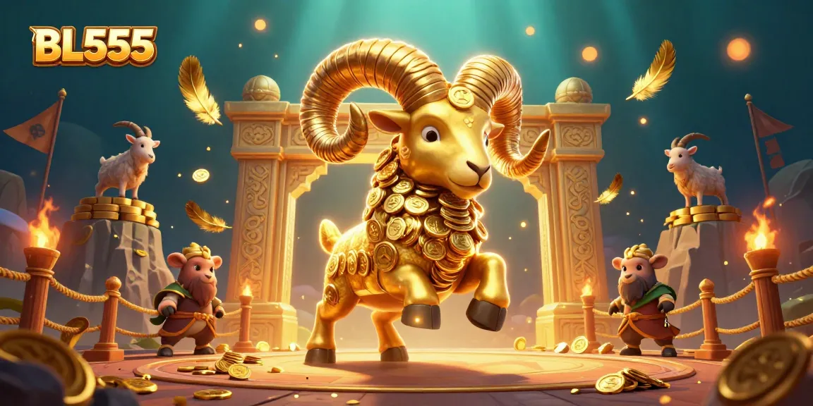 Experience thrilling gaming action at BL555 with a dynamic scene featuring a golden ram and festive casino atmosphere.