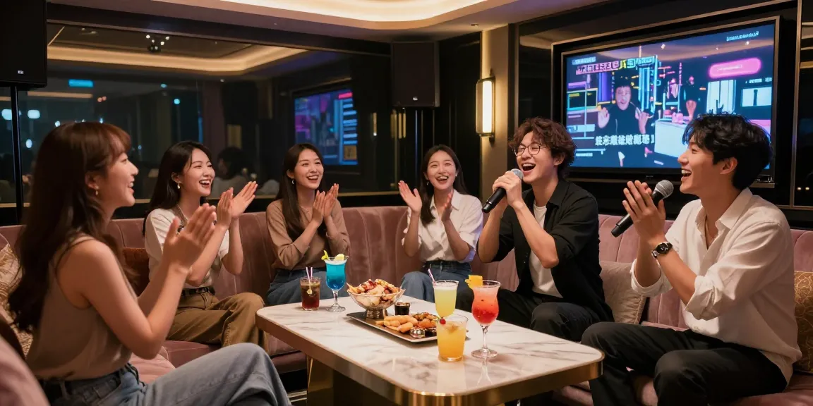 강남구구단에서 친구들과 함께 즐겁게 노래하고 있는 프리미엄 노래방 장면
