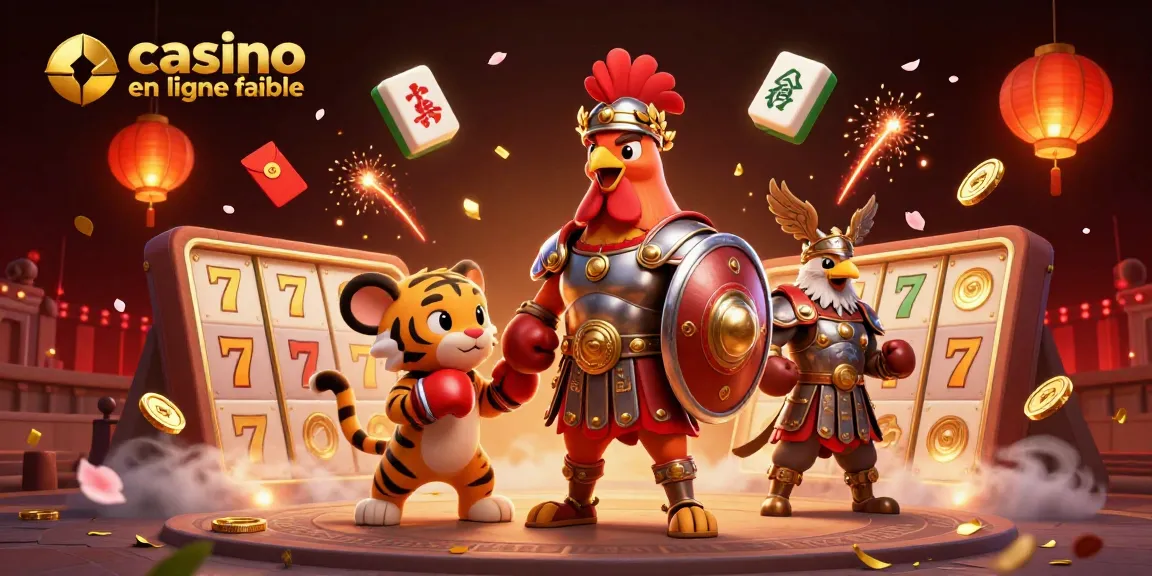 Illustration d'un casino en ligne fiable avec un coq gladiateur et des éléments de jeux dynamiques.