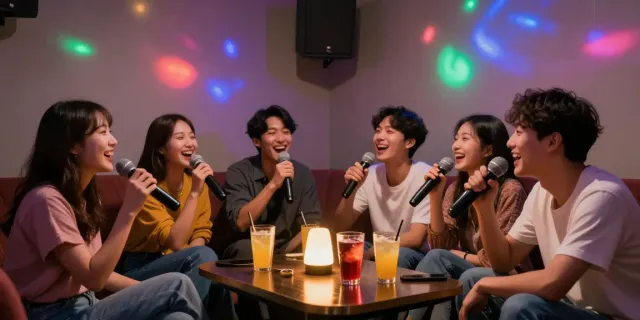 강남도파민에서 친구들과 함께 노래를 즐기며 웃고 있는 아늑한 카라오케 룸 모습