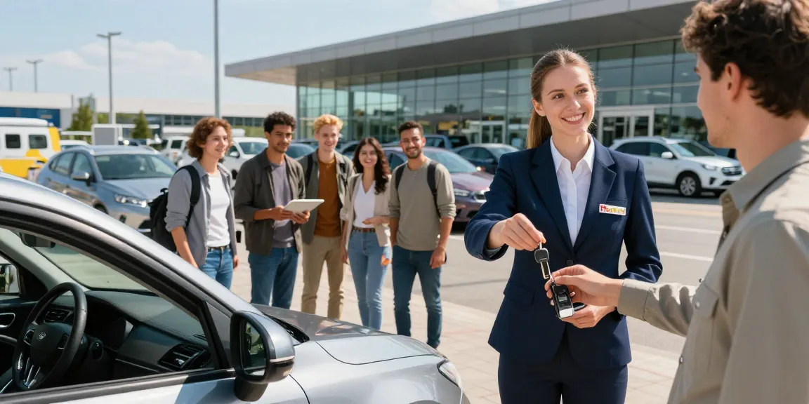 FlexRent representative handing keys to a satisfied customer at Chișinău Airport, showcasing various rental vehicles.