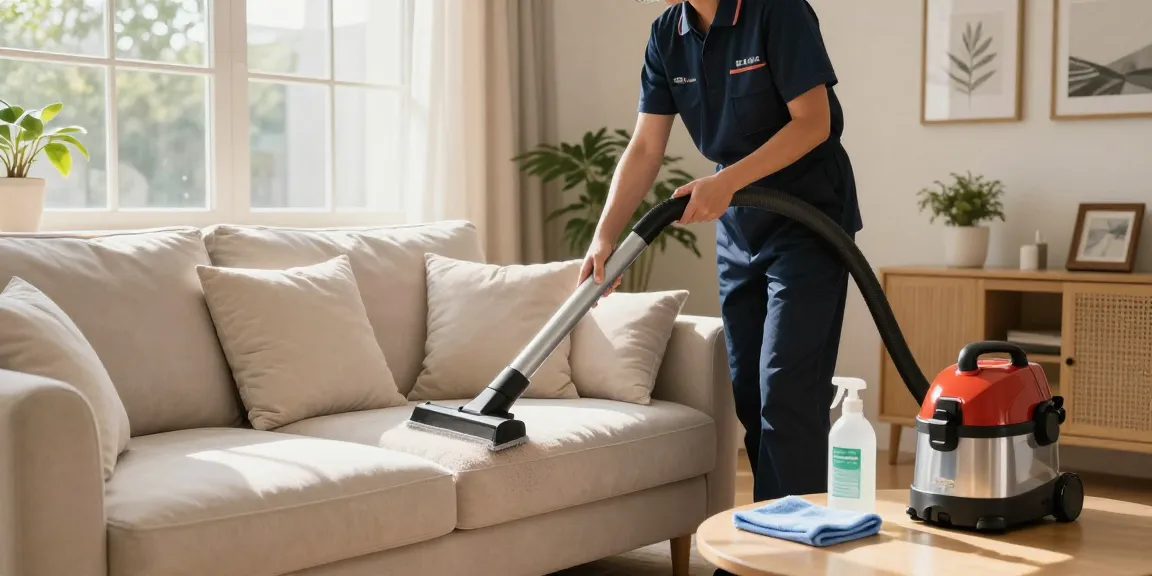 Upholstery cleaning service in action on a plush sofa, highlighting cleanliness and care in a cozy living room.