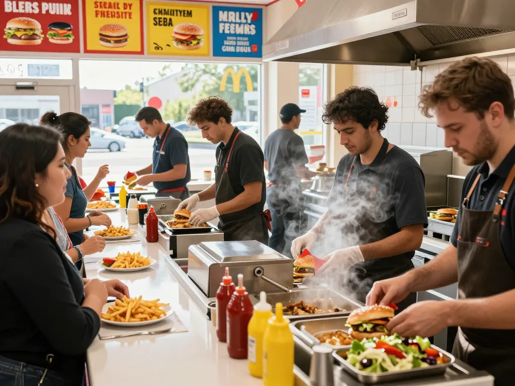 Engaging fast food menu scene with staff preparing burgers and fries during lunchtime rush