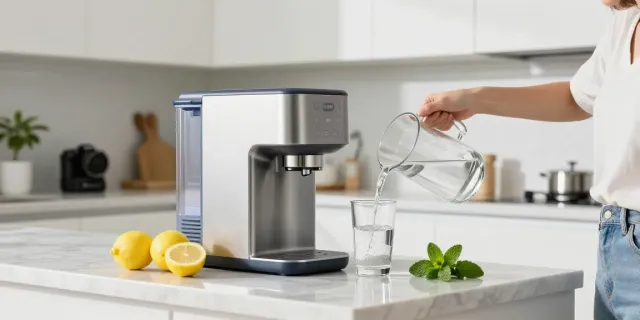Explore the distilled water purified water difference in a bright kitchen with a modern purification system.