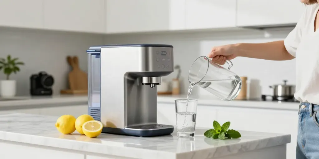Explore the distilled water purified water difference in a bright kitchen with a modern purification system.