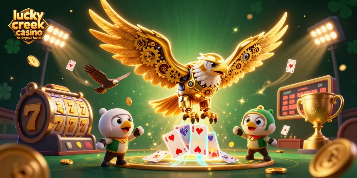 Experience the lucky creek casino no deposit bonus with an eagle soaring through vibrant gaming elements.