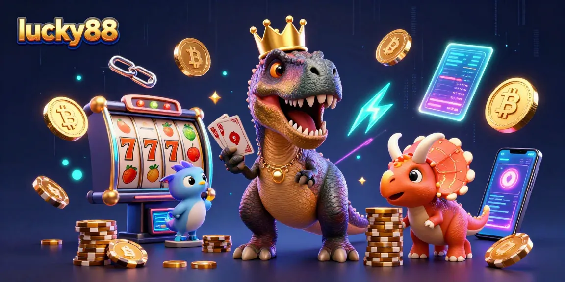 Experience the excitement of lucky88 with vibrant 3D characters and casino elements in this dynamic illustration.