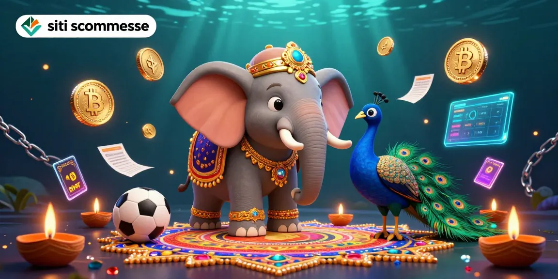 Scopri i siti scommesse con un'illustrazione vivace e colorata di elefanti e pavoni mentre esplorano il mondo delle scommesse.