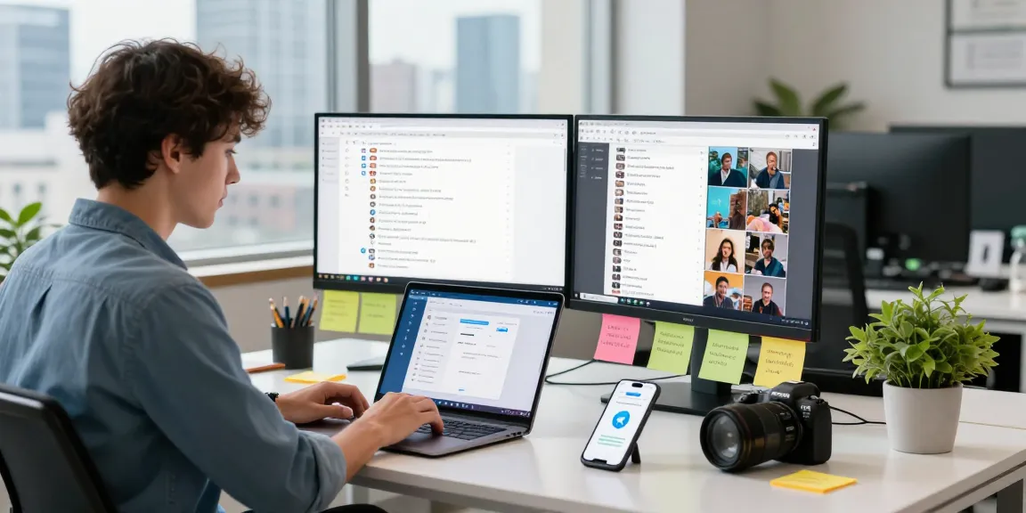 Engaging workspace scene depicting Telegram Download interface on a laptop with fresh productivity elements and vibrant office atmosphere