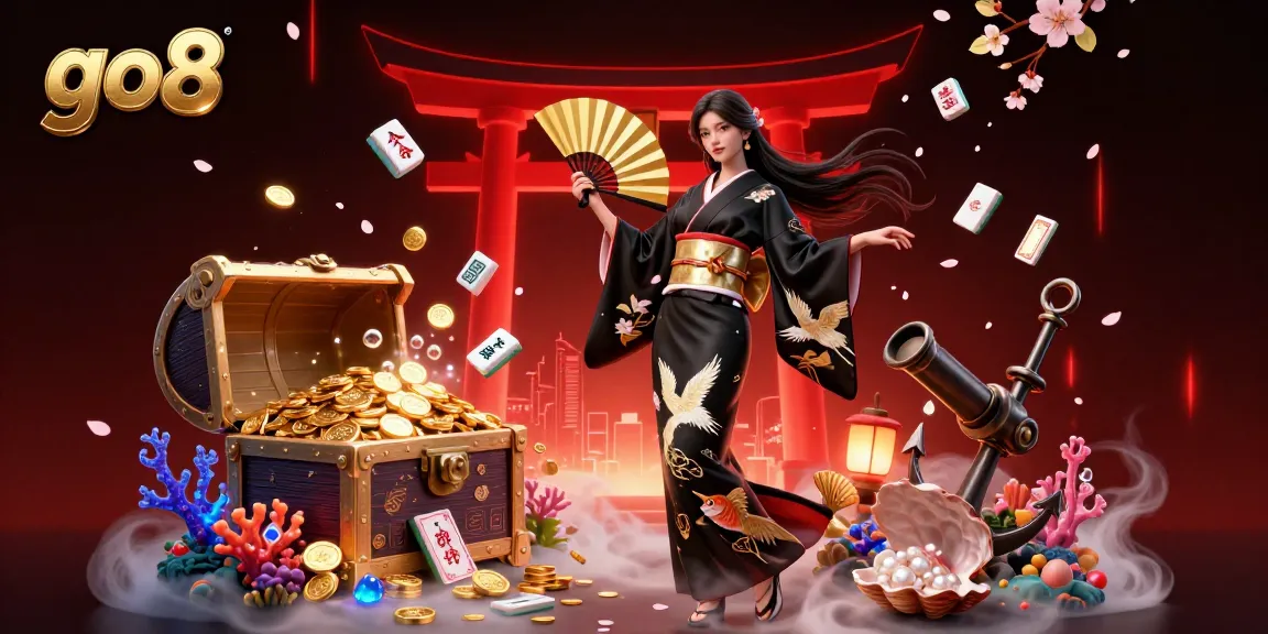 Join the vibrant go8 casino experience, featuring a captivating Asian woman in traditional attire amidst a burst of gaming elements.